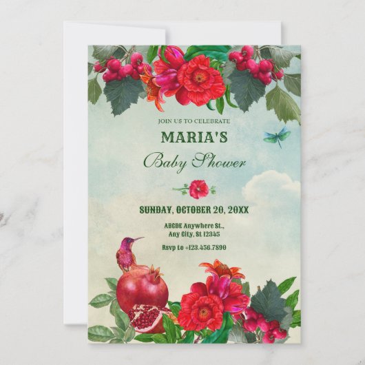 Invitation Red Green Flowers Bird Retro baby shower (Devant)