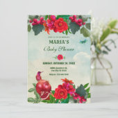 Invitation Red Green Flowers Bird Retro baby shower (Debout devant)