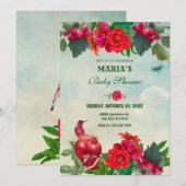 Invitation Red Green Flowers Bird Retro baby shower (Devant / Derrière)