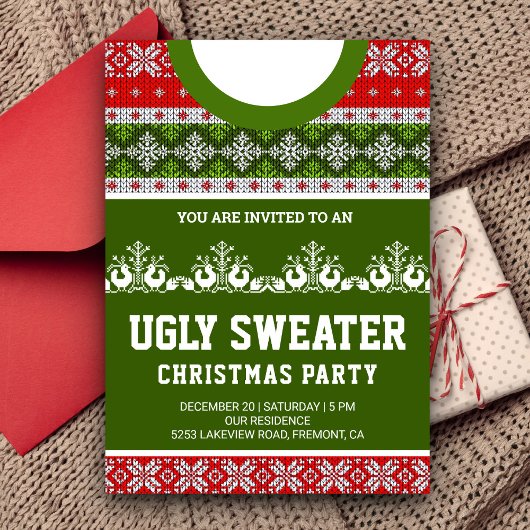 Invitation Red Green Funny Tacky Ugly Sweater Christmas Party