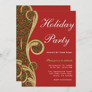 Invitation Red Green Gold Swirl Fête de Noël