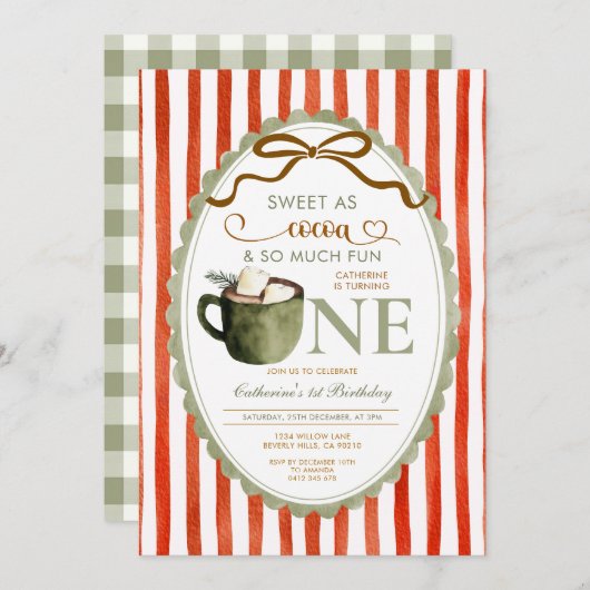 Invitation Red Green Hot Cocoa 1st birthday Gingham (Devant / Derrière)