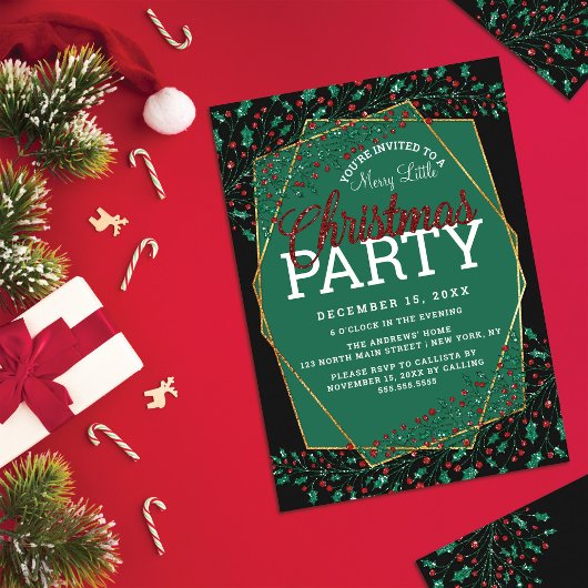 Invitation Red Green Parties scintillant Holly Feuille fête d
