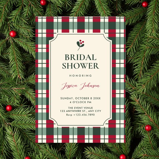 Invitation Red green plaid tartan pattern bridal shower