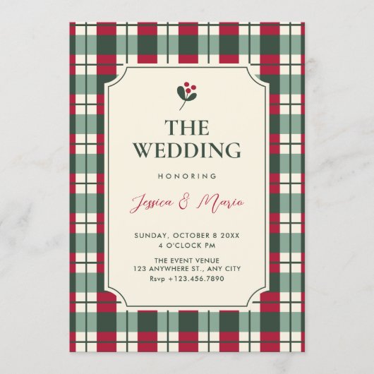 Invitation Red green plaid tartan pattern wedding (Devant)