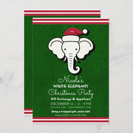 Invitation Red Green White Elephant échange cadeau Noël (Devant / Derrière)