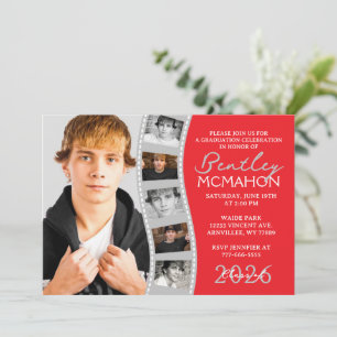 Invitation Red & Grey 6 Photo Filmstrip Graduation Collage