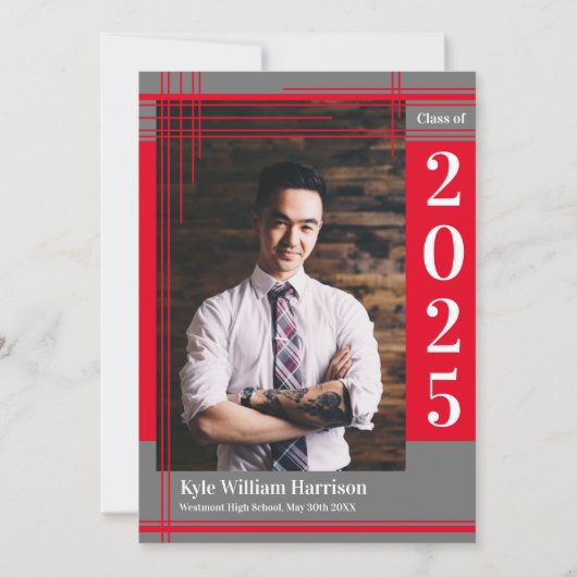 Invitation Red Grey École Couleur Graduation Photo Plaid (Devant)