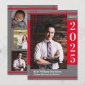 Invitation Red Grey École Couleur Graduation Photo Plaid (Devant / Derrière)