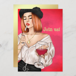 Invitation Red Haied French Wine Woman Bachelorette Party