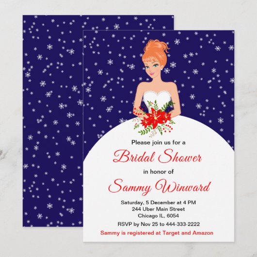 Invitation Red Hair Bride Snowflake Marine Fête des mariées (Devant / Derrière)