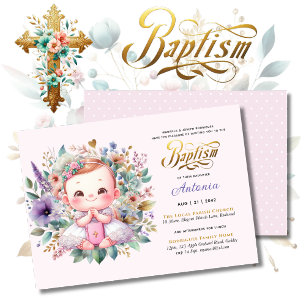 Invitation Red Hair Girl's BAPTISM Purple Gold Floral Cross