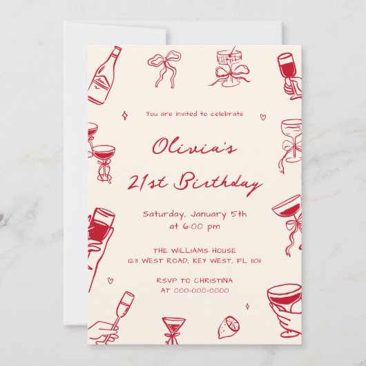 Invitation Red Hand Drawn Adult Birthday Party (Devant)