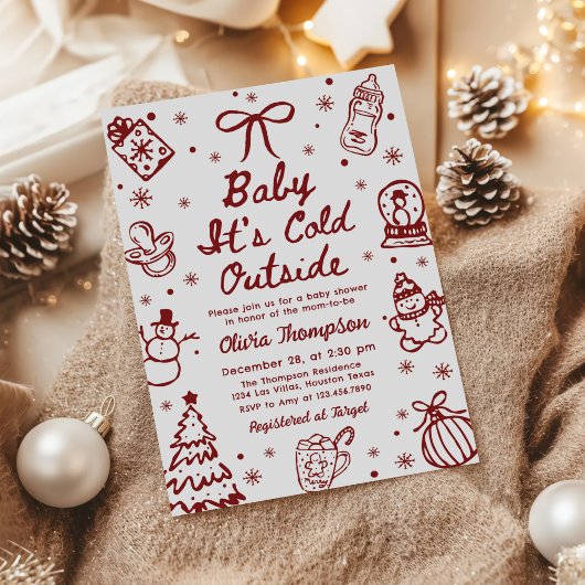 Invitation Red Hand Drawn Baby It's Cold Outside Baby Shower