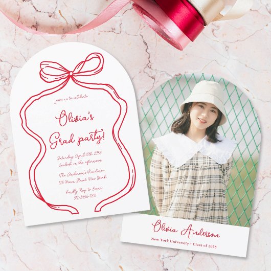 Invitation Red Hand Drawn Bow Photo Arch Graduation Party