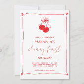 Invitation Red Hand Drawn Cherry First 1st Birthday (Devant)