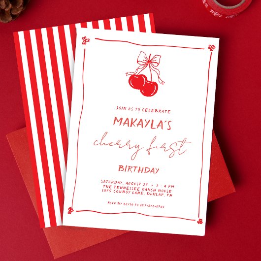 Invitation Red Hand Drawn Cherry First 1st Birthday