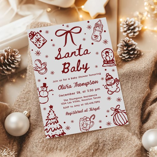 Invitation Red Hand Drawn Christmas Santa Baby Shower