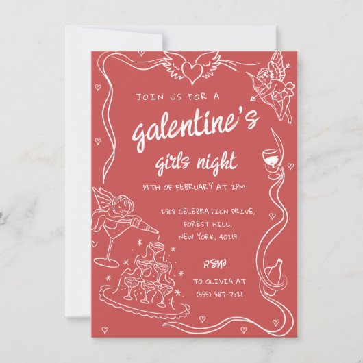 Invitation Red Hand Drawn Galentine's Girls Night Party (Devant)