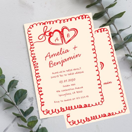 Invitation red hand drawn heart Whimsical Wedding 