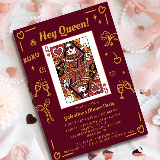 Invitation Red Hand Drawn Queen Of Hearts Galentine's Party