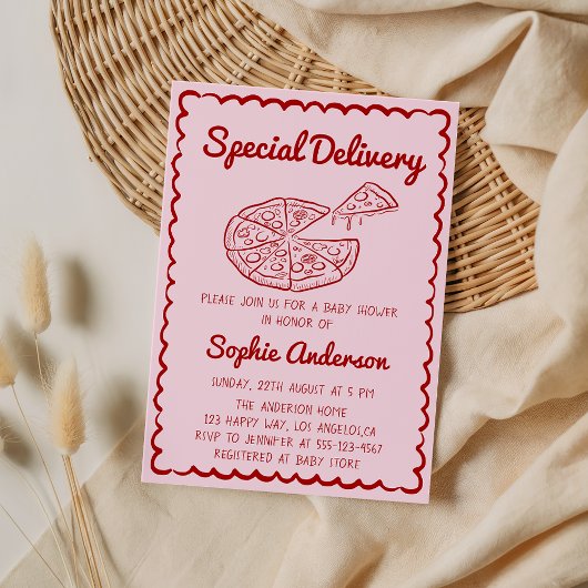 Invitation Red Hand Drawn Special Delivery Pizza Baby Shower
