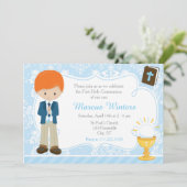 Invitation Red Head Boy First Communion Damask (Debout devant)