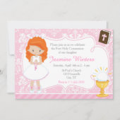 Invitation Red Head Girl First Communion Damask (Devant)