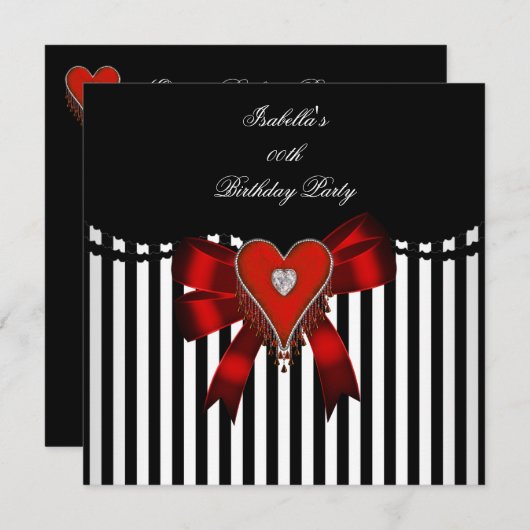 Invitation Red Heart Black White Stripe Bow fête d'anniversai (Devant / Derrière)