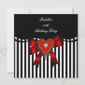 Invitation Red Heart Black White Stripe Bow fête d'anniversai (Devant)