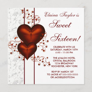 Invitation Red Heart Damask Sweet 16 Anniversaire