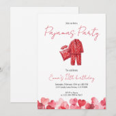 Invitation Red Heart Pajamas Sleepover Birthday (Devant / Derrière)