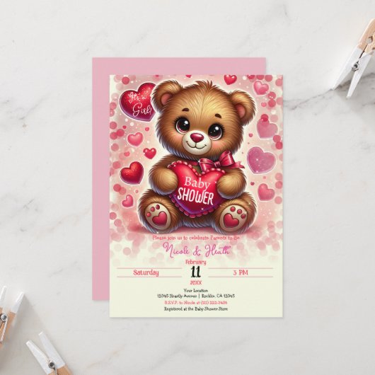 Invitation Red Heart Valentine Teddy Bear Baby shower (Devant/Arrière en situation)