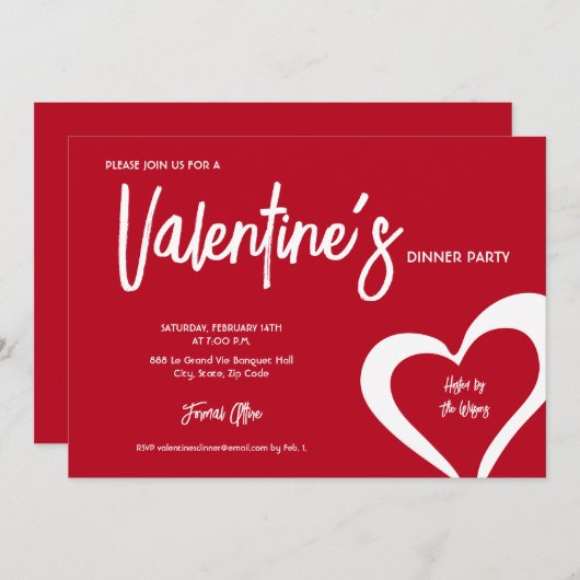 Invitation Red Hearts Script moderne Valentine's Dinner party (Devant / Derrière)