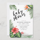 Invitation Red Hibiscus Palm Feuille Baby shower tropical (Devant)