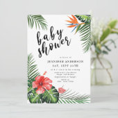 Invitation Red Hibiscus Palm Feuille Baby shower tropical (Debout devant)