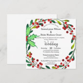 Invitation Red Holly Berries Green Wreath White Mariage (Devant / Derrière)