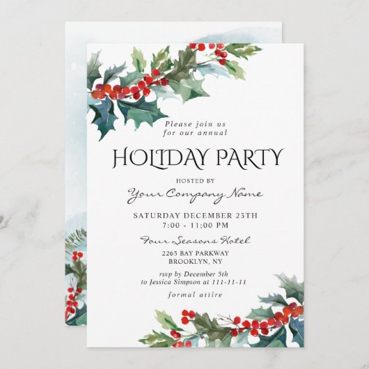 Invitation Red Holly Berry CORPORATE Fête de Noël (Devant / Derrière)