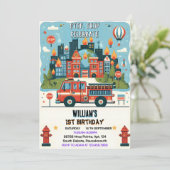 Invitation Red Hot Fire Truck Engine Sécurité 1er anniversair (Debout devant)