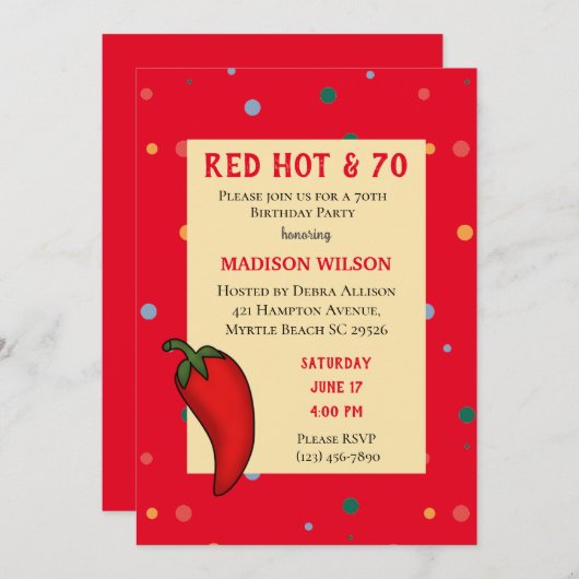 Invitation Red Hot Pepper 70th Birthday Party (Devant / Derrière)