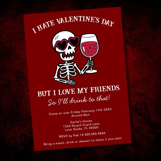 Invitation Red I Hate Valentine's Day Skeleton Boire du vin