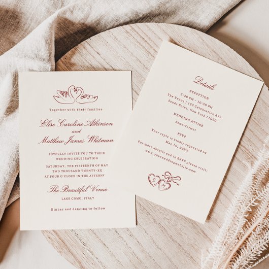 Invitation Red Illustrated Swans Whimsical All in One Wedding