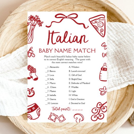 Invitation Red Italian Baby Name Match Baby shower Jeu