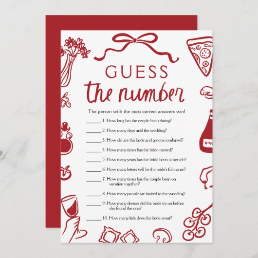 Invitation Red Italian Devinez le jeu de Fête des mariées num (Devant / Derrière)