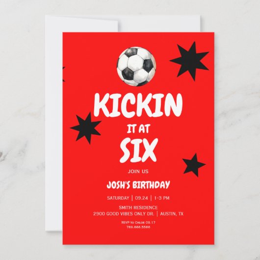 Invitation Red Kickin à Six Soccer 6e fête d'anniversaire (Devant)