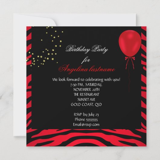 Invitation Red Lipstick Parties scintillant Zebra Anniversair (Dos)