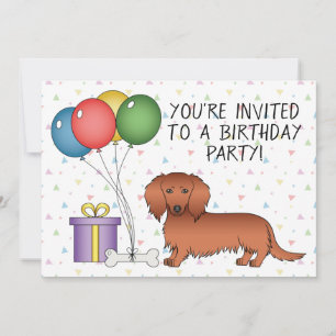 Invitation Red Long Hair Dachshund Dessin Chien fête d'annive