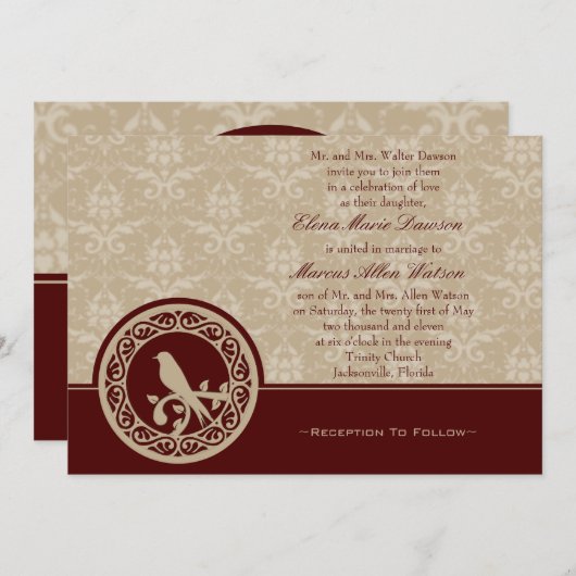 Invitation Red Lovebird Mariage damassé (Devant / Derrière)