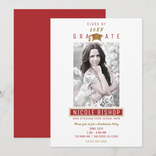 Invitation Red Maroon Gold White Graduation Party (Devant / Derrière)