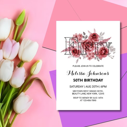 Invitation Red Marron Rose Verdure Floral 50e anniversaire